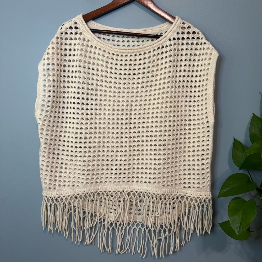 Elie Tahari Pandora Wool Cashmere Open Knit Sweater Poncho Fringe. Cream. XS - Picture 2 of 11
